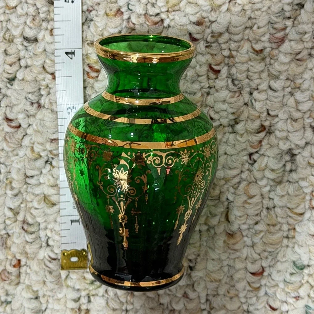 Vintage 1960s Emerald Green Gold Gilt Bud Vase Floral Scroll Art Glass